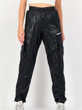 NWT adidas Originals Jogger Pants SMALL Black Shiny Nylon Cargo Y2K Streetwear